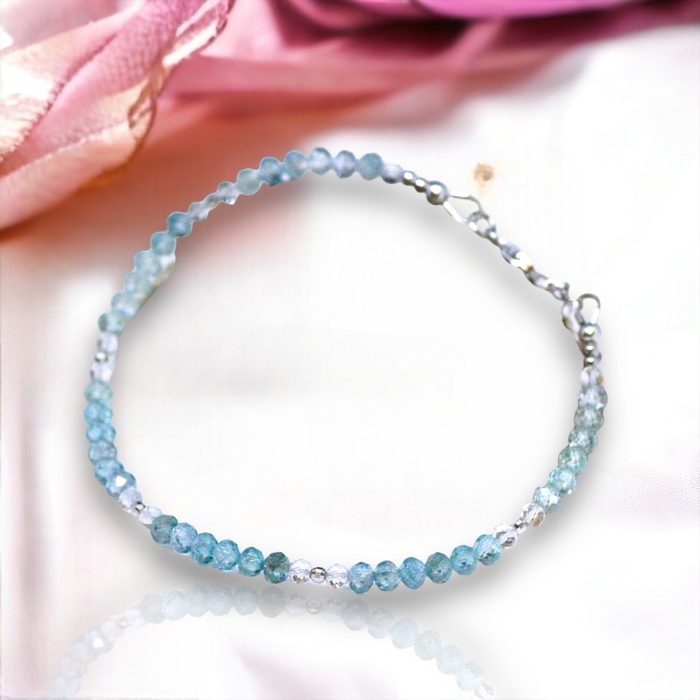 New Handcrafted Natural Ice Quartz, Blue Zircon Bracelet Solid 14k White Gold